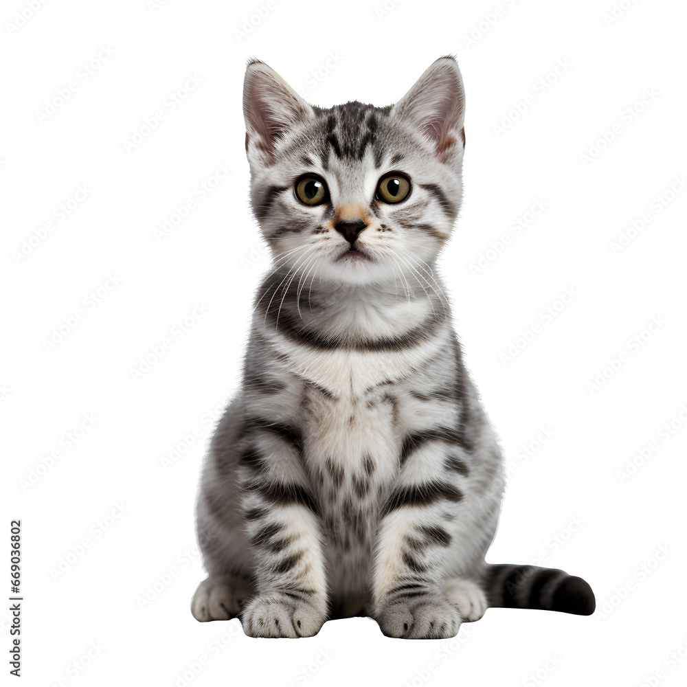 Cute silver tabby cat, sitting kitten isolated on transparent background Generative AI