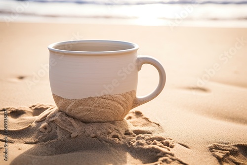 Relaxing Morning at the Beach: Coffee Cup in Sand - A Perfect Start to your Beach Getaway