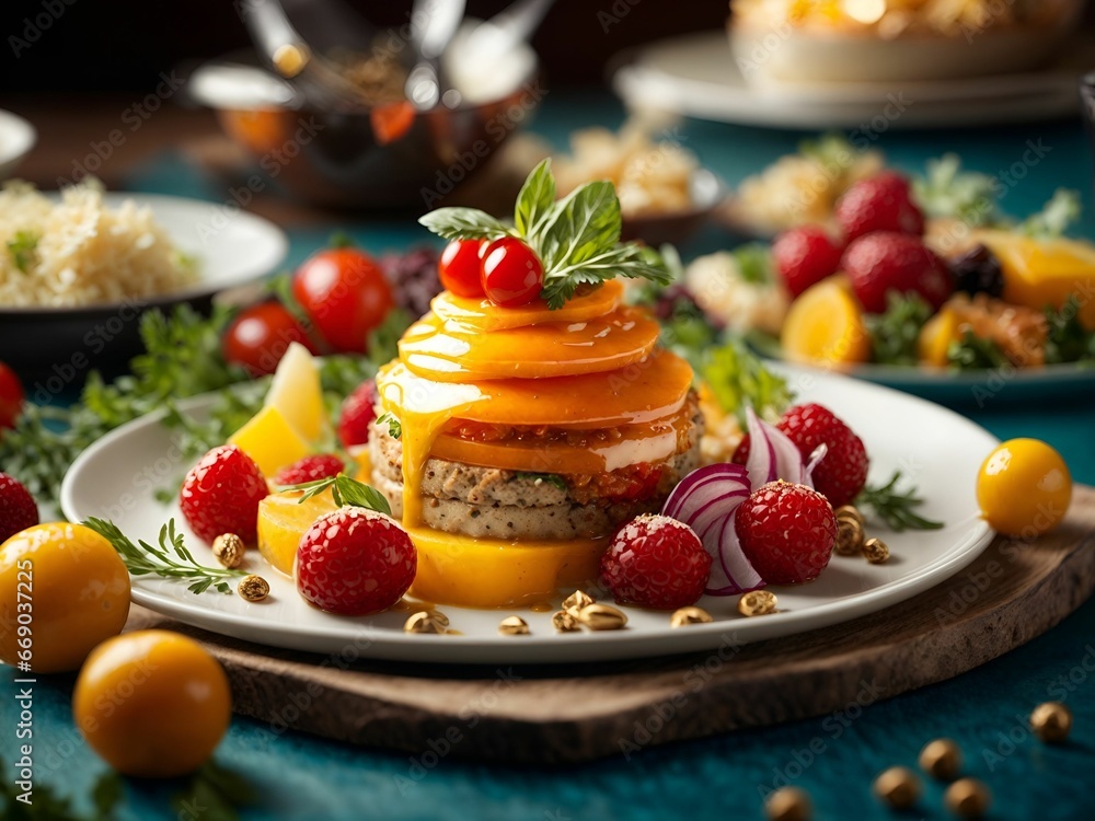 An AI illustration of small cakes with fruits, vegetables and nuts on plate at blue table An AI illustration of small cakes with fruits, vegetables and nuts on plate at blue table