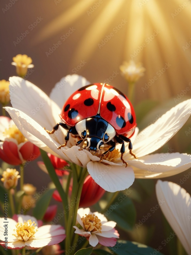 Fototapeta premium An AI illustration of a red ladybug sitting on top of white flowers