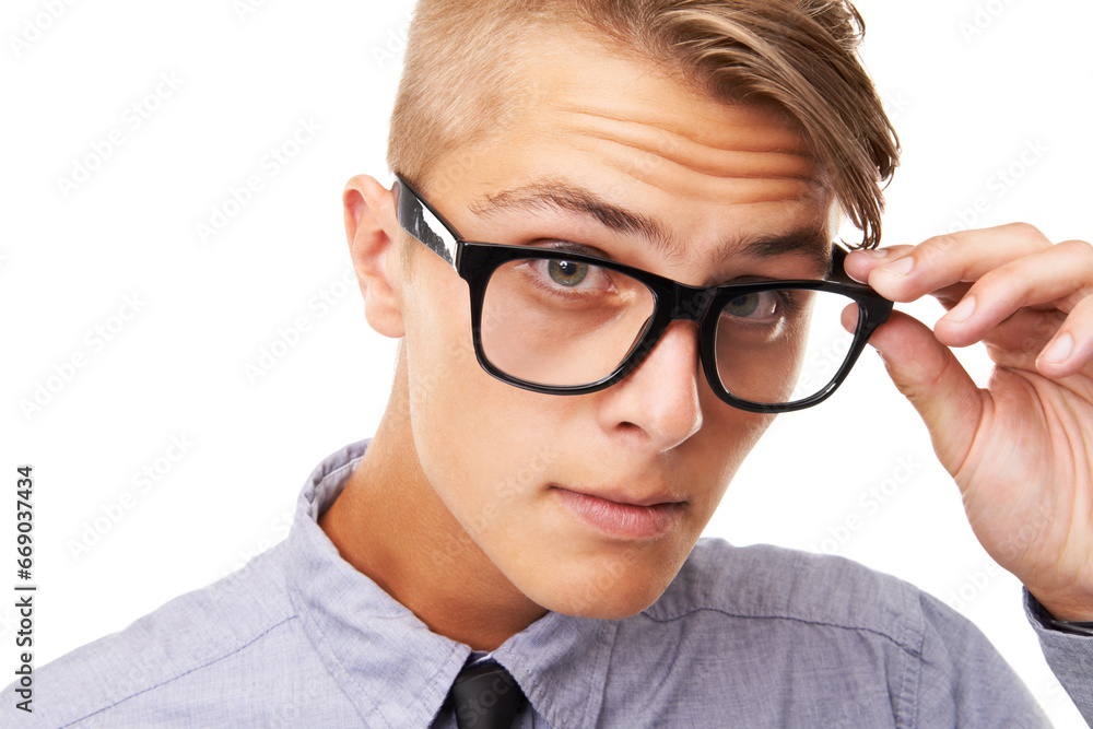 Spectacles, vision and portrait of man in a studio with confused, doubt or squinting facial expression. Optometry, health and young male person with glasses or eyewear isolated by white background. Spectacles, vision and portrait of man in a studio with confused, doubt or squinting facial expression. Optometry, health and young male person with glasses or eyewear isolated by white background.