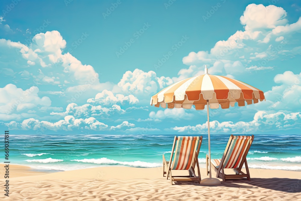 Holiday Summer Beach Background: Chairs and Umbrella on Beach - Tranquil Tropical Paradise for your Vacation