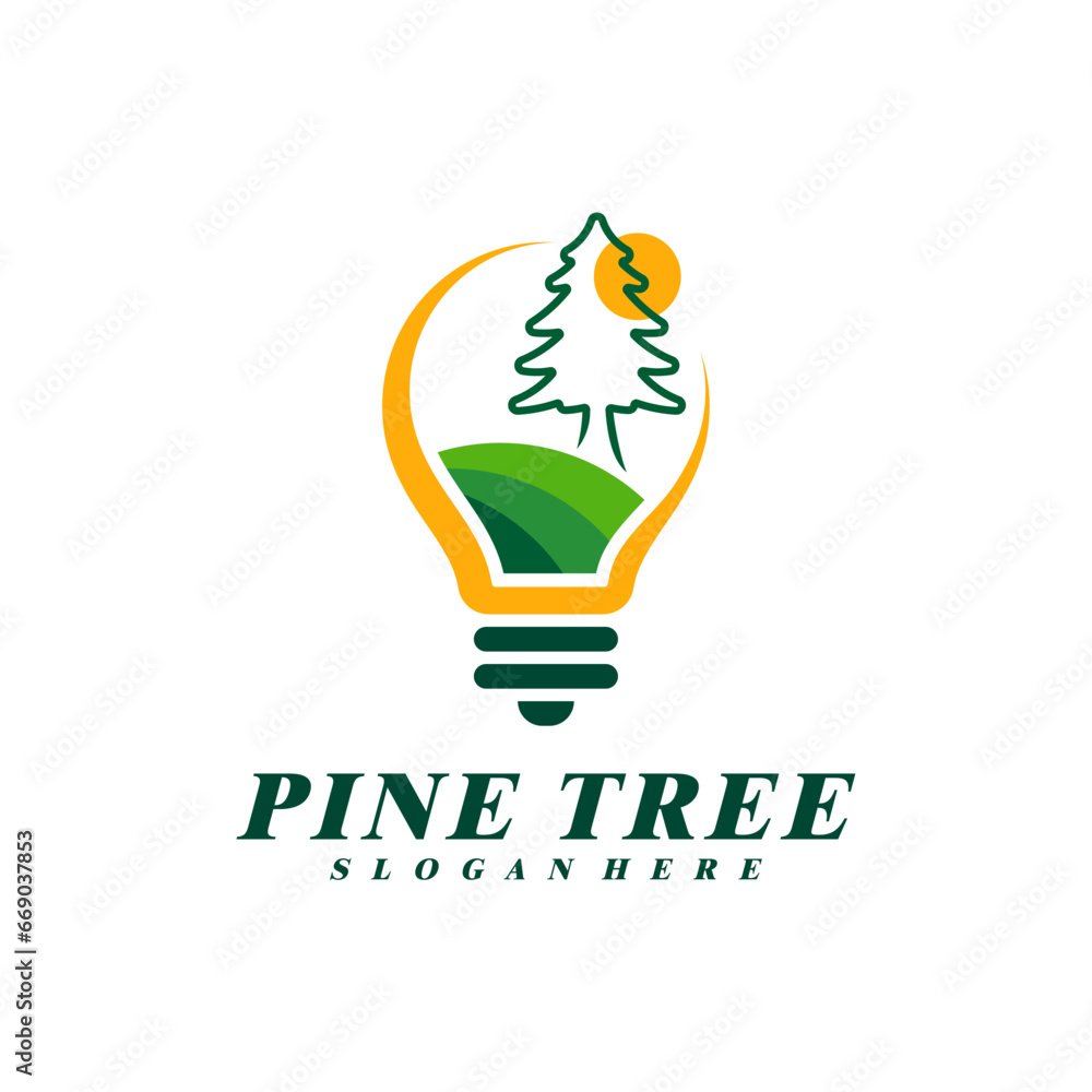 Pine Tree with Bulb logo design vector. Creative Pine Tree logo concepts template