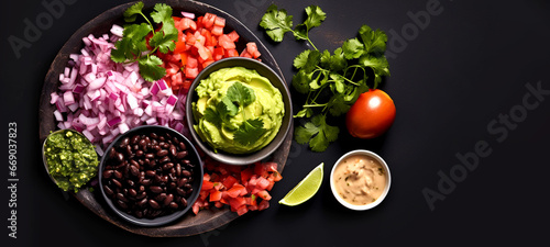 Burrito ingredients. Black beans  tomato  guacamole  pickled red onions and jalapenos on dark background. Banner.