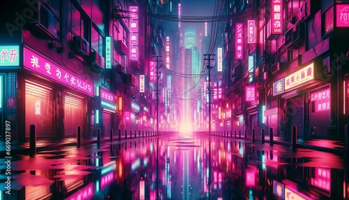 Neon-lit Cyberpunk Cityscape  Futuristic Japanese Metropolis in the Rain.
