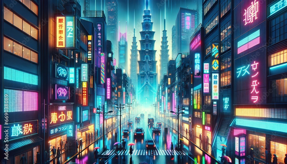 Neon-lit Cyberpunk Cityscape: Futuristic Japanese Metropolis in the Rain. Neon-lit Cyberpunk Cityscape: Futuristic Japanese Metropolis in the Rain.