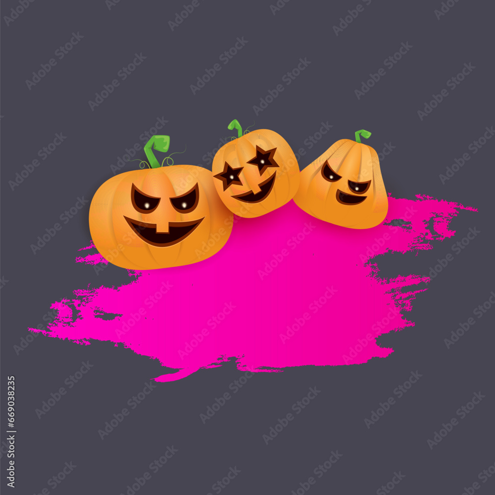 Fototapeta premium Halloween web grunge pink Banner or poster with Halloween scary pumpkins isolated on grey background . Funky kids Halloween banner with space for greeting text or sale