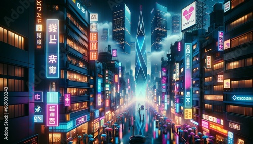 Neon-lit Cyberpunk Cityscape: Futuristic Japanese Metropolis in the Rain.