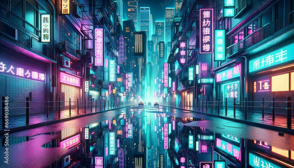 Neon-lit Cyberpunk Cityscape: Futuristic Japanese Metropolis in the Rain. - obrazy, fototapety, plakaty 