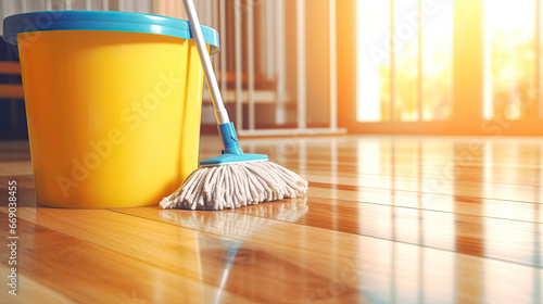mop and bucket on a wooden floor
