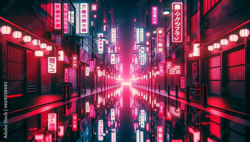 Neon-lit Cyberpunk Cityscape: Futuristic Japanese Metropolis in the Rain.