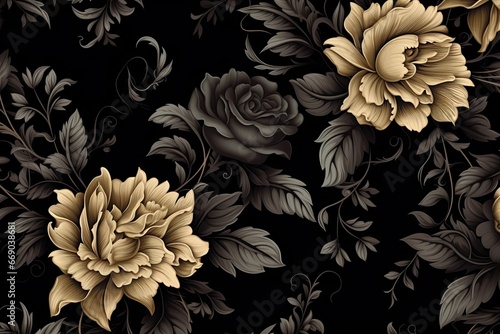 Noir Nightfall: Vintage Curls with Black Floral Ornaments - A Stylish Display of Elegance