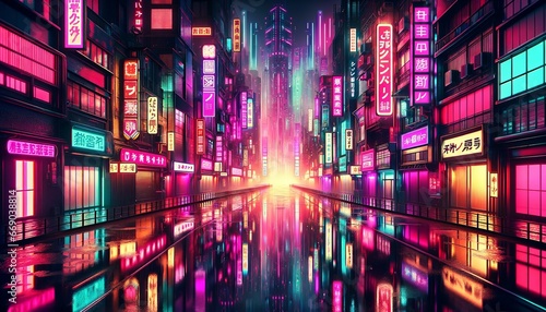 Neon-lit Cyberpunk Cityscape: Futuristic Japanese Metropolis in the Rain. © TrueAI
