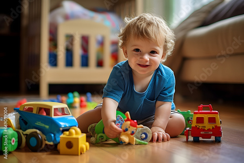 Baby boy playing with tools at home