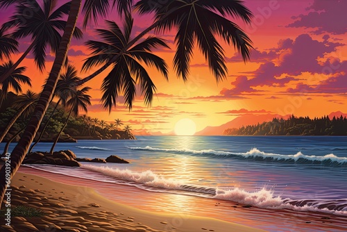 Palm Tree Beach Sunset: A Tranquil Beach Scene Capturing the Serene Beauty