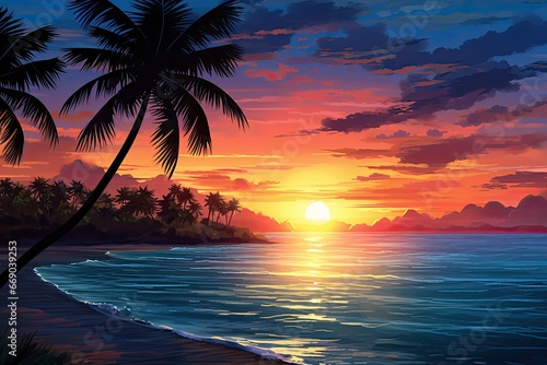 Palm Tree Beach Sunset: Tranquil and Soothing Nature Image