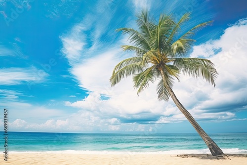 Palm Tree on Tropical Beach  Blue Sky  White Clouds  Vintage Tone Filter     Stunning Image