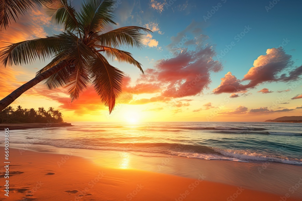 Sunset Beach Bliss: Picturesque View of a Palm Tree Beach