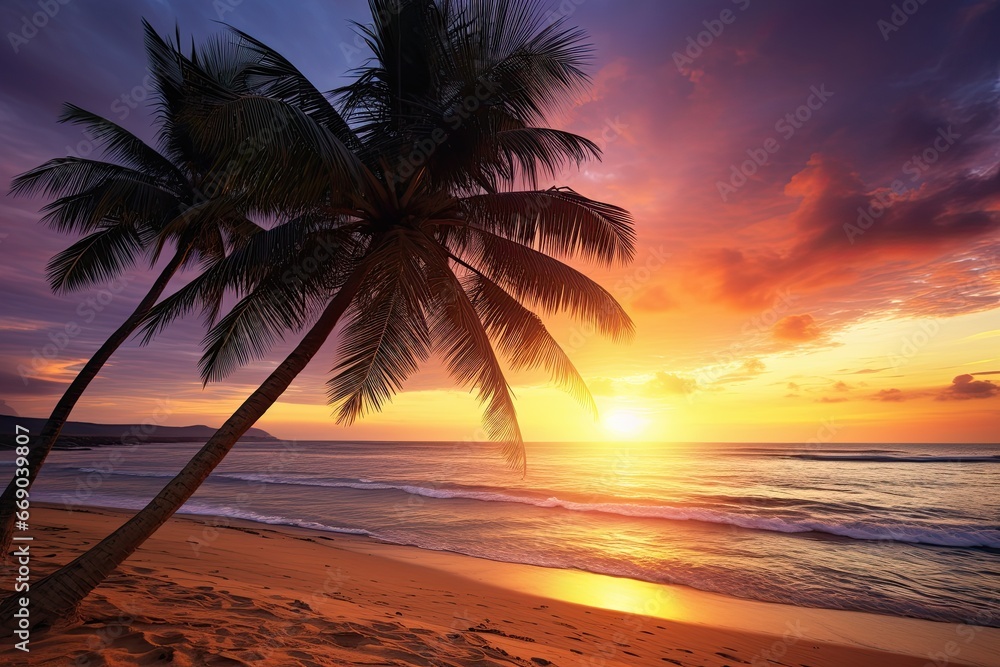 Palm Tree Beach at Sunset: Captivating Picturesque View