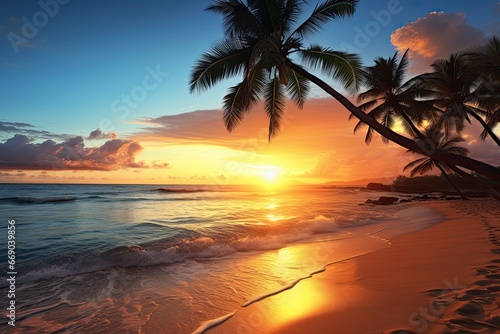 Sunset Paradise: Captivating Palm Tree Beach - Picturesque View
