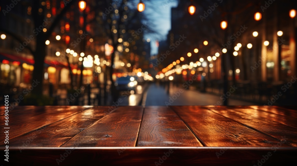 Empty wooden table  for placing your objects, blurred background with lights bokeh, 