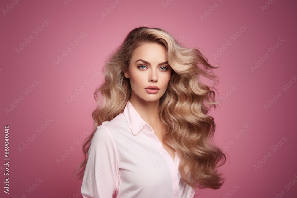 a close-up studio fashion portrait of a young woman with perfect skin, long wavy golden blond hair and immaculate make-up. Pink background. Skin beauty and hormonal female health concept a close-up studio fashion portrait of a young woman with perfect skin, long wavy golden blond hair and immaculate make-up. Pink background. Skin beauty and hormonal female health concept