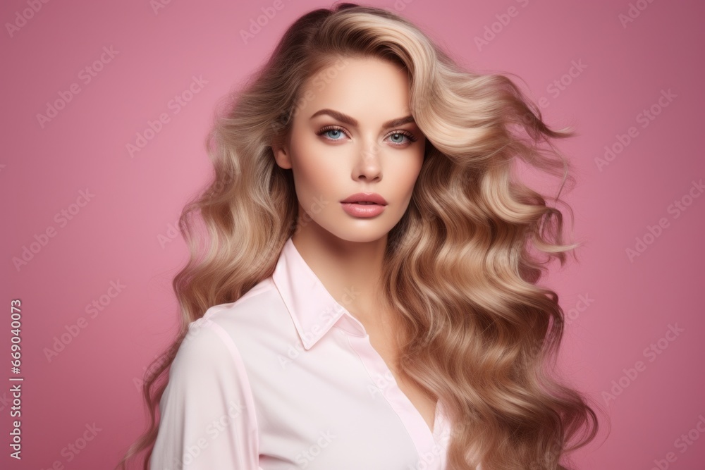 a close-up studio fashion portrait of a young woman with perfect skin, long wavy golden blond hair and immaculate make-up. Pink background. Skin beauty and hormonal female health concept a close-up studio fashion portrait of a young woman with perfect skin, long wavy golden blond hair and immaculate make-up. Pink background. Skin beauty and hormonal female health concept