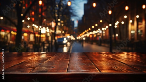 Empty wooden table for placing your objects, blurred background with lights bokeh, 