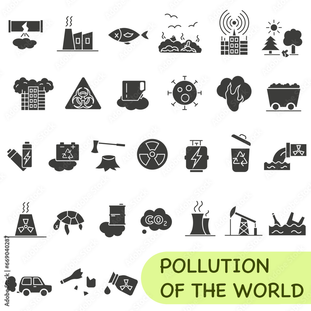 Dark full environmental pollution icons. Causes and consequences of environmental pollution.
