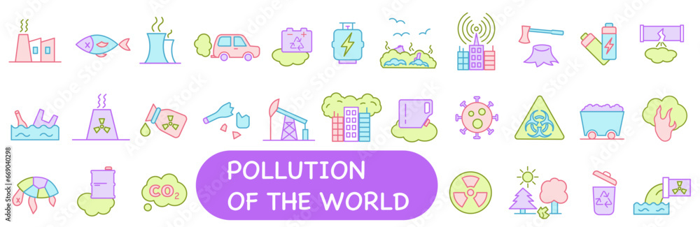 Bright icons of environmental pollution. Environmental pollution. Causes and consequences of environmental pollution. Bright icons of environmental pollution. Environmental pollution. Causes and consequences of environmental pollution.