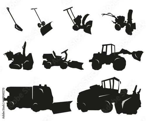 Equipment and machines for removing snow. Vector illustration, industrial cleaning symbols.