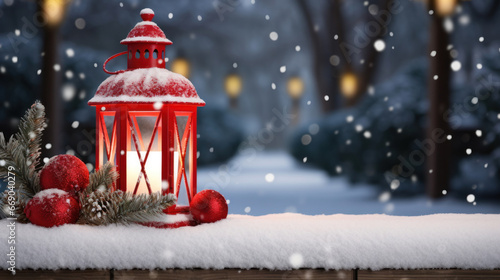 Red Christmas lantern on snowy wooden table with fir branches and ornaments. © tashechka