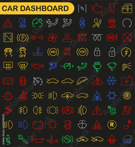 Colored car dashboard icons. Car control panel interface. Dashboard icons.