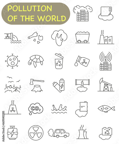 Environmental pollution. Thin line pollution icons. Causes and consequences of environmental pollution.