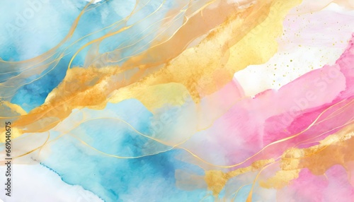 Abstract watercolor paint background by teal color blue and pink with golden liquid fluid texture for background, banner