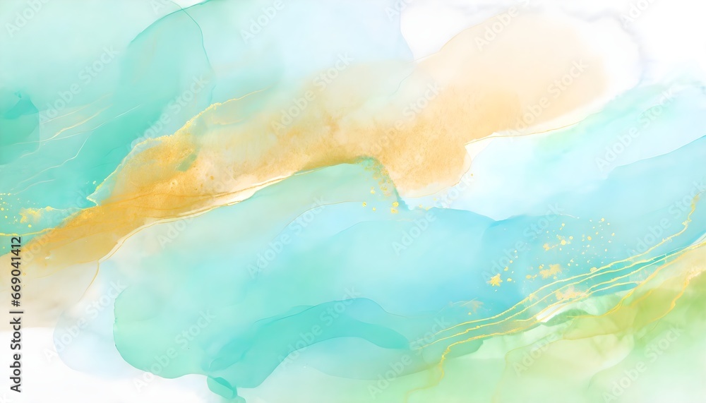 Abstract watercolor paint background by teal color blue golden and green with liquid fluid texture for background, banner 
