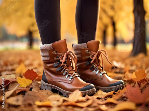 Autumn mood. Close-up of female legs in hiking boots on autumn leaves in the park. The concept of nature, relaxation, walking.