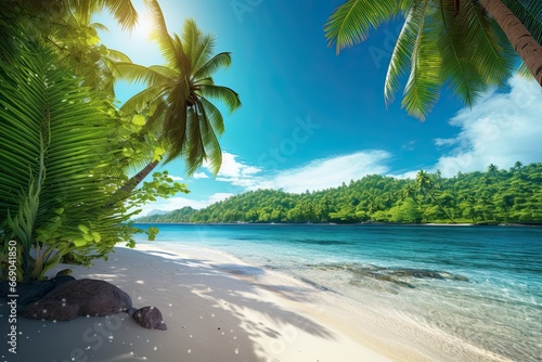 Tropical Paradise Beach: Lush Palm Trees and White Sand Delight