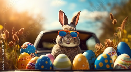 Cute Easter Bunny with sunglasses looking out of a car filed with easter eggs,