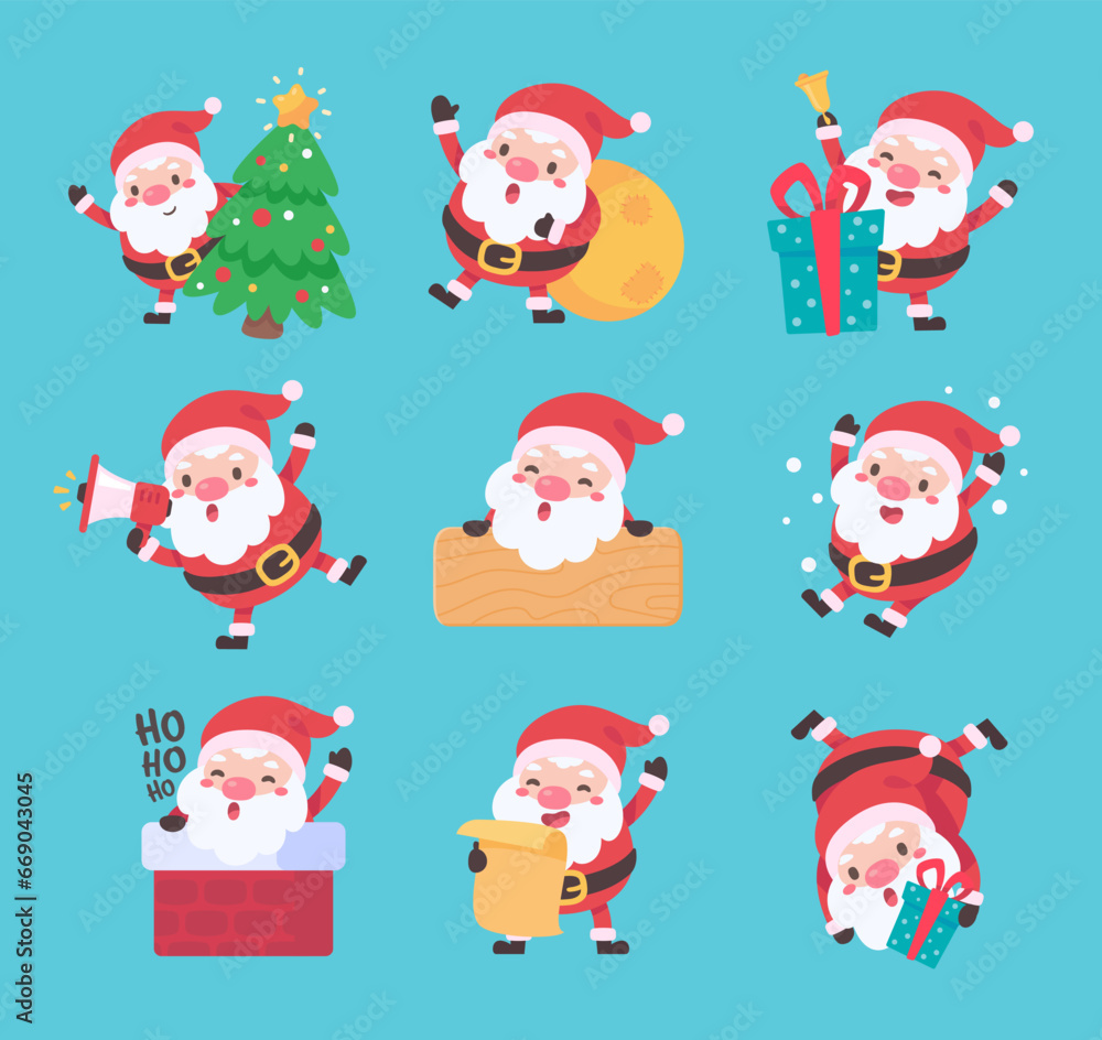 Fototapeta premium Santa Claus. Fat man with a white beard. Wear a red costume in various poses. To give gifts on Christmas Day