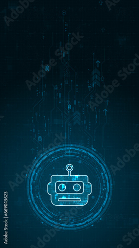 Blue digital robot head logo and circle futuristic HUD elements with flowing arrows with machine learning technology and ai assistance concepts on abstract background vertical