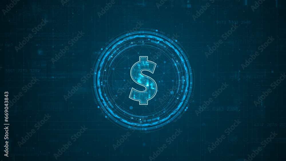 Blue digital money logo with rotation HUD UI circle technology interface and futuristic elements abstract background crypto currency finance and digital money concepts - obrazy, fototapety, plakaty 