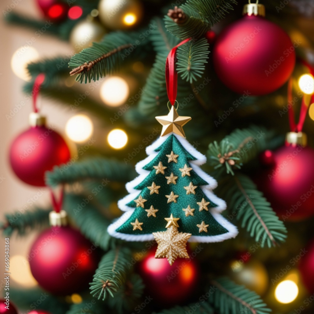 Textile handmade toy Christmas tree close-up.
