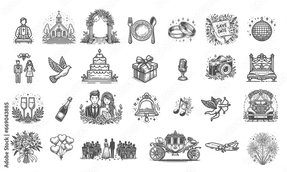 Minimal wedding icon set - vector illustration.