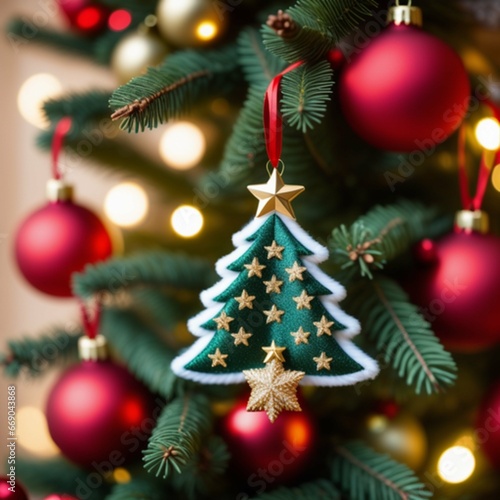 Textile handmade toy Christmas tree close-up. 