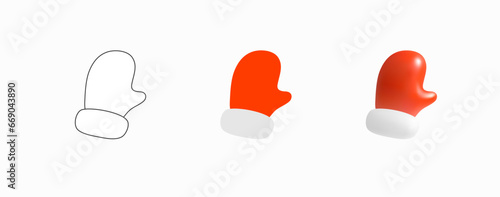 Santa Claus Mitten. Red Glove of Santa Claus in three styles - Contour, Flat, 3D. Traditional Christmas Symbol. Design Element for Coloring Books. Icons Set. Vector graphics