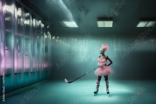 Little girl in pink tutu and mask plays hockey. Mixed media