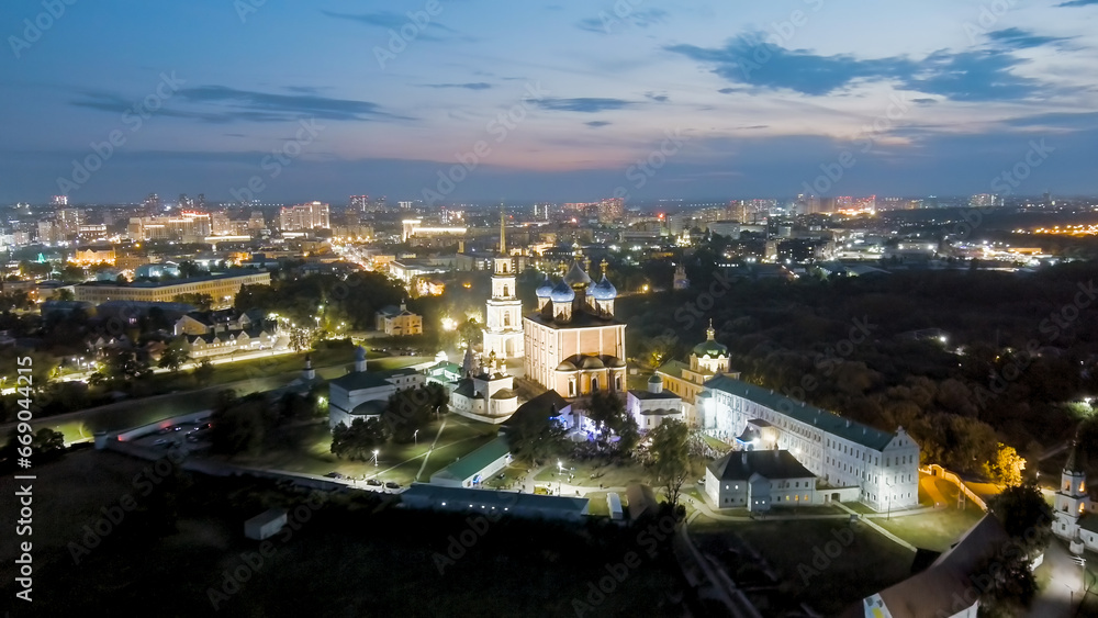 Ryazan, Russia. Night flight. Ryazan Kremlin - The oldest part of the city of Ryazan. Cathedral of the Assumption of the Blessed Virgin Mary, Aerial View