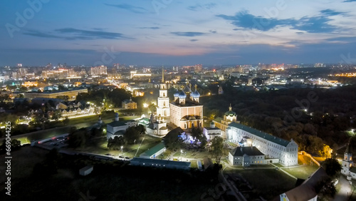 Ryazan  Russia. Night flight. Ryazan Kremlin - The oldest part of the city of Ryazan. Cathedral of the Assumption of the Blessed Virgin Mary  Aerial View