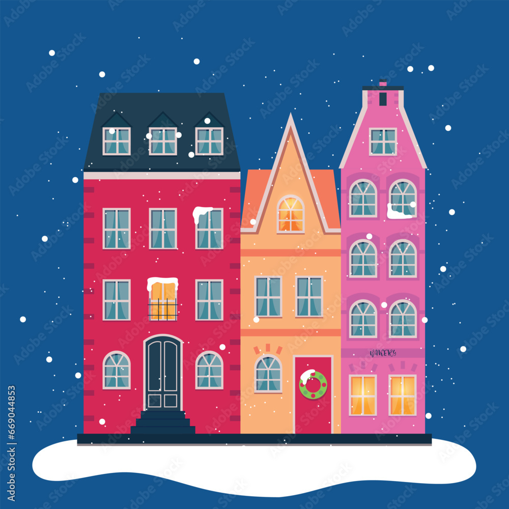 Snowy town, christmas night city. Winter landscape with houses. Snowy Christmas night in cozy town city panorama. Winter village holiday landscape, vector illustration